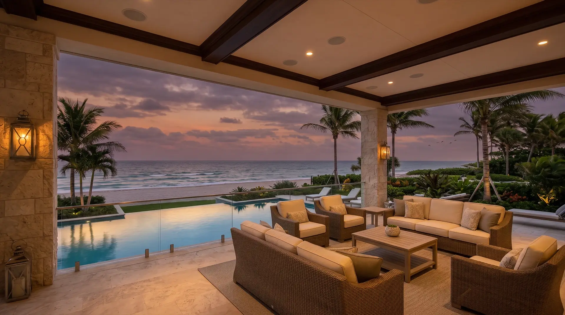 Outdoor patio with wicker furniture overlooks a pool, beach, ocean, and palm trees under a pink and purple sunset sky.
